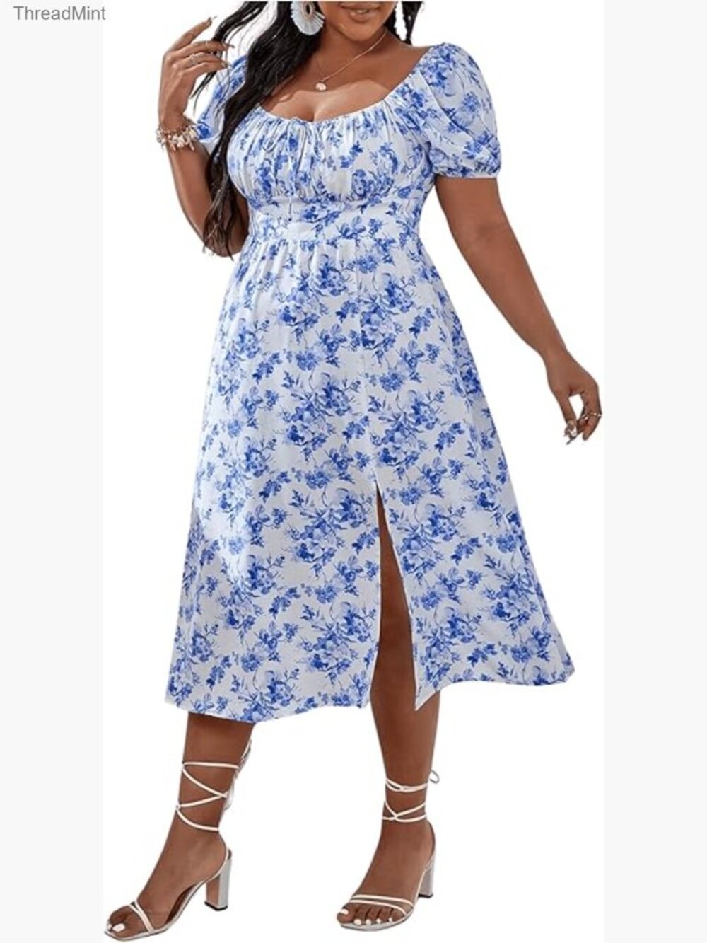 Plus Size Floral Print Square Neck Midi Dress with Slit Hem